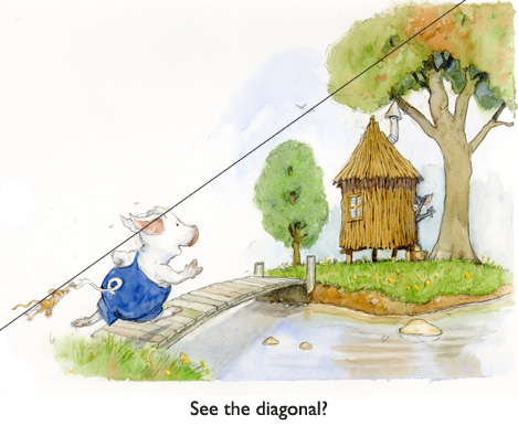 Trosclair On the Bridge (Again).  A typical example of diagonal design in Jim Harris fairy tale art.